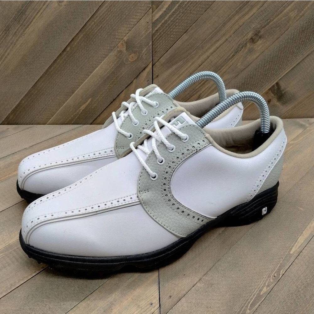 Footjoy GreenJoys Womens Golf Shoes Size 9 M White Grey Leather Golf Spikes‎